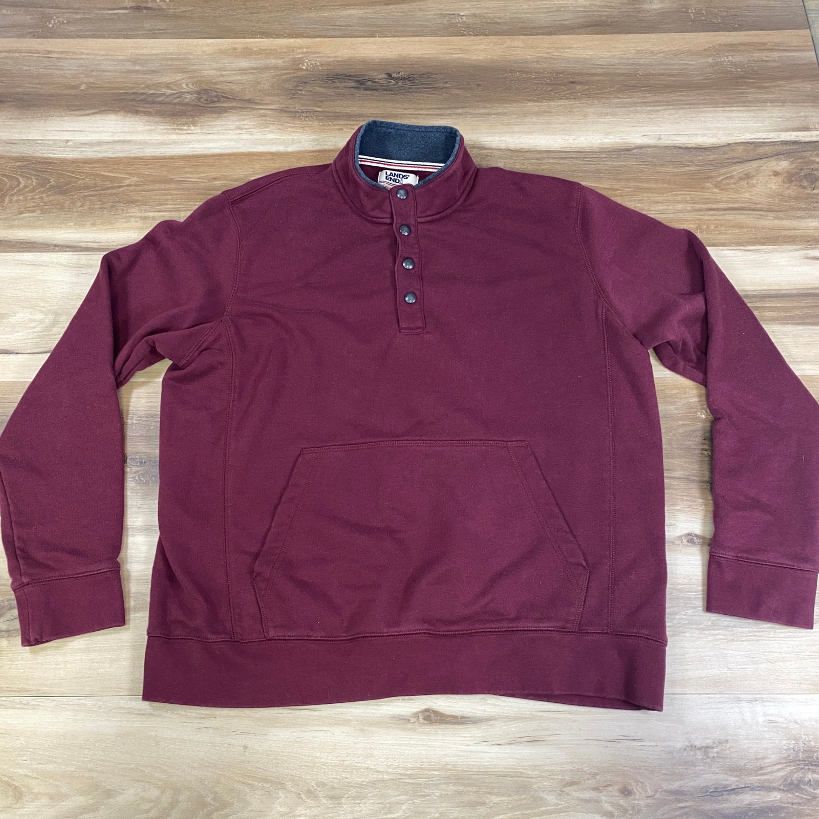 Lands End Serious Sweats Mens Large Burgundy Snap Mock Neck Pullover Sweatshirt